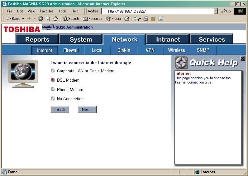 Admin Page - Network -> Internet: Configure