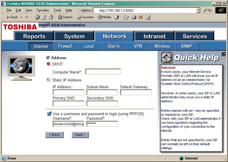 Admin Page - Network -> Internet: IP Address