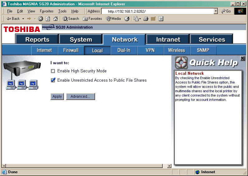 Admin Page - Network -> Internet: Enable Unrestricted Access